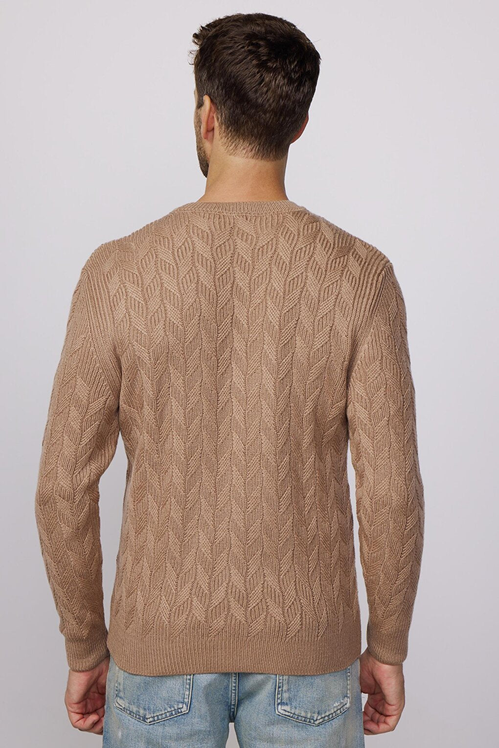 Slim Fit Crew Neck Patterned Cream Men's Sweater