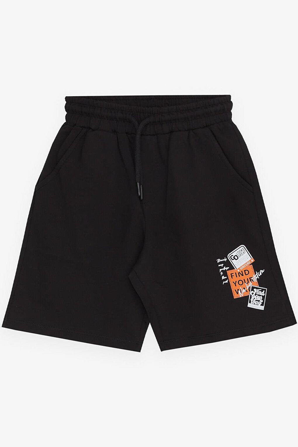 Boy's Shorts with Text Print, Lace-Up, Pocket, Elastic Waist, Black (Ages 8-14)