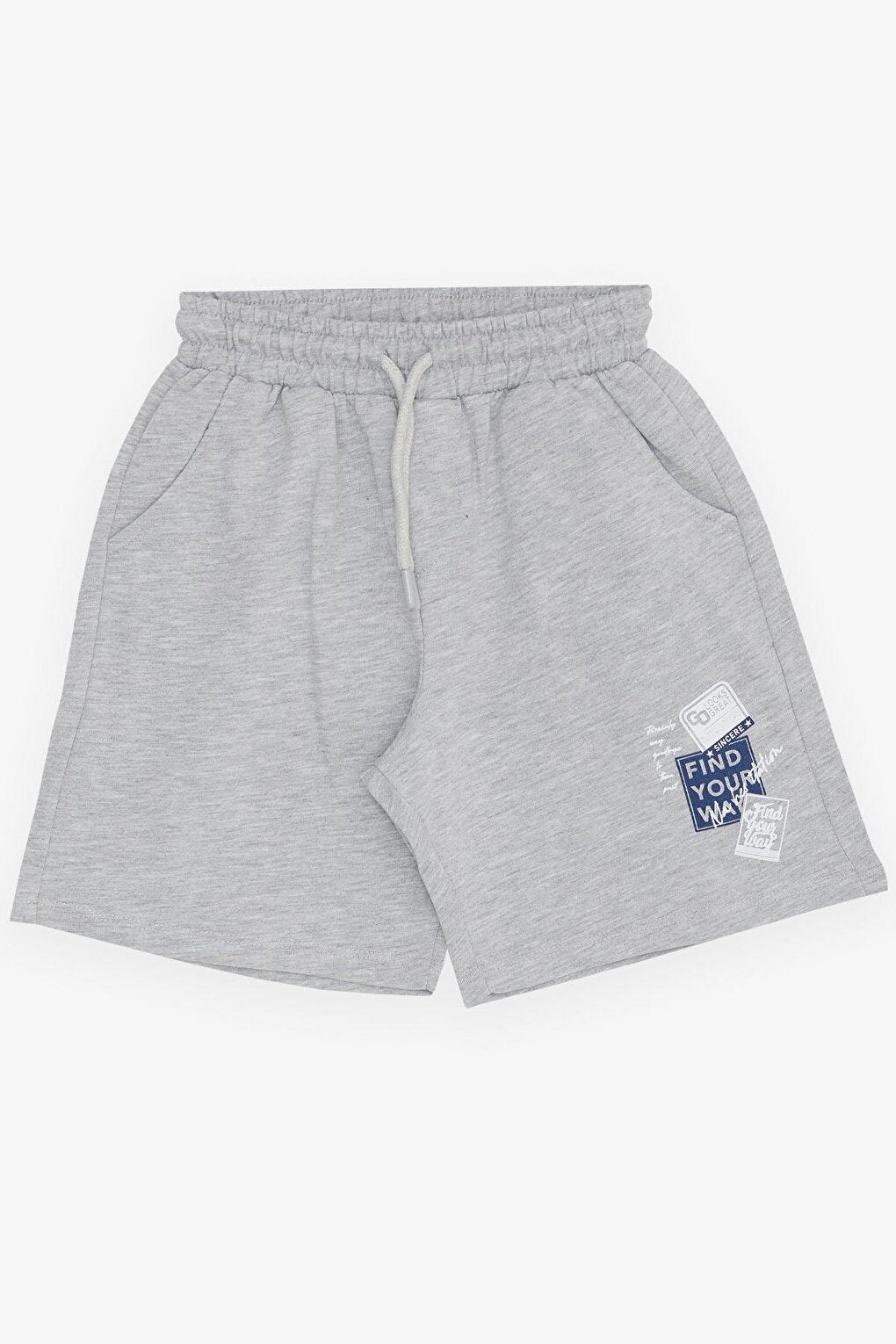 Boy's Shorts, Text Printed, Lace-up, Pockets, Elastic Waist, Light Gray Melange (Ages 8-14)