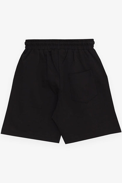 Boy's Shorts with Text Print, Lace-Up, Pocket, Elastic Waist, Black (Ages 8-14)