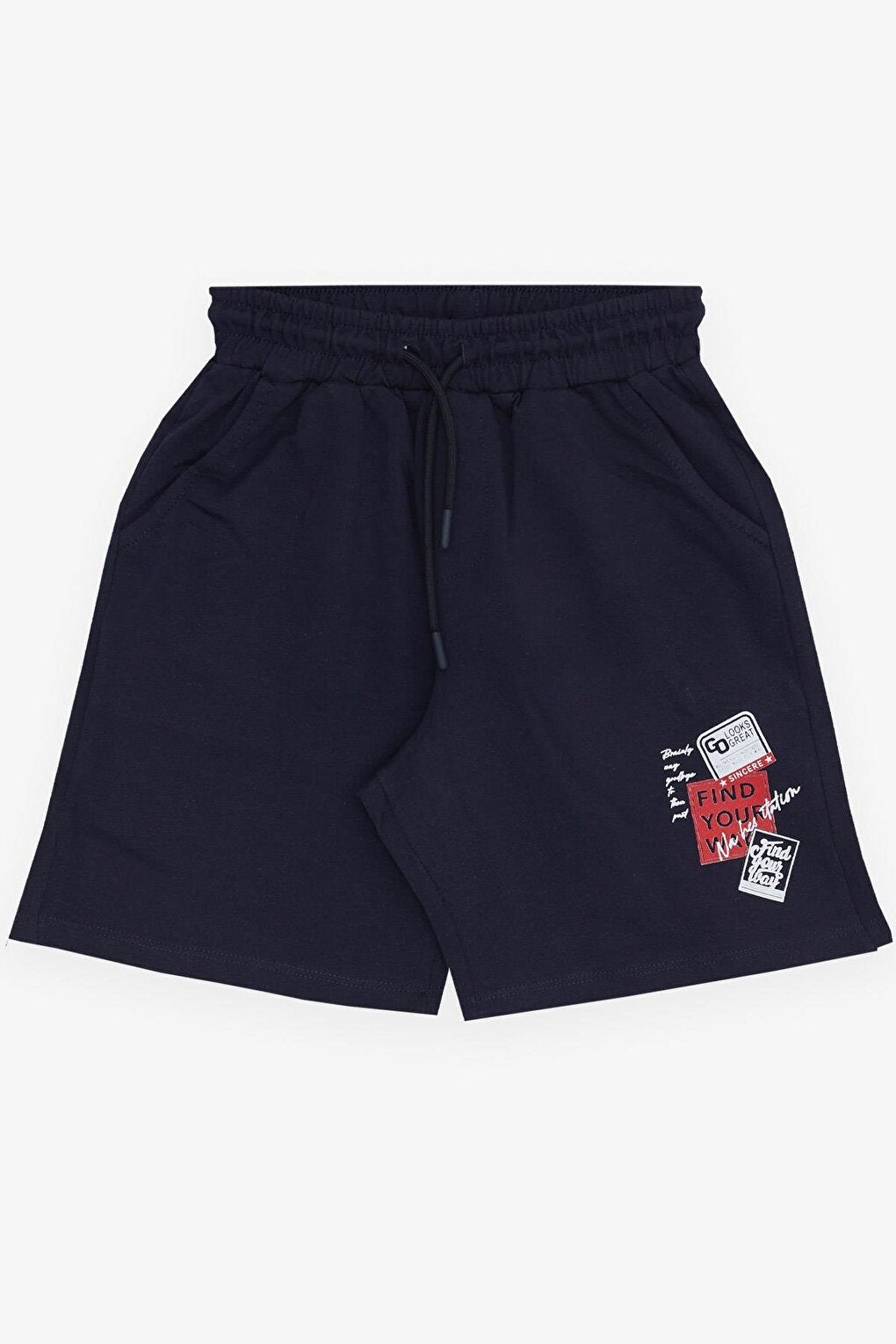 Boy's Shorts, Text Printed, Lace-up, Pockets, Elastic Waist, Navy Blue (Ages 8-14)