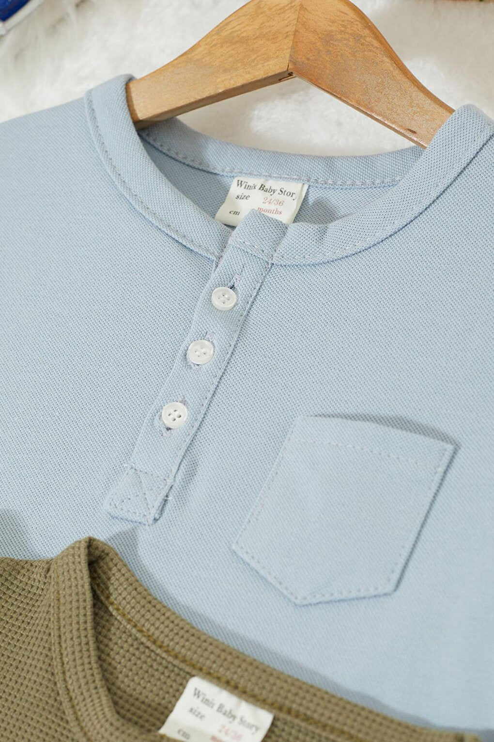 Baby Boy Button Collared Pocket 2-Piece Sweatshirt Khaki-Light Blue 17331