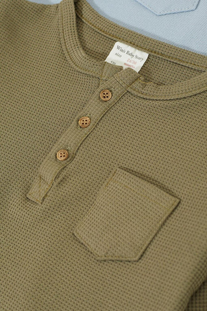 Baby Boy Button Collared Pocket 2-Piece Sweatshirt Khaki-Light Blue 17331