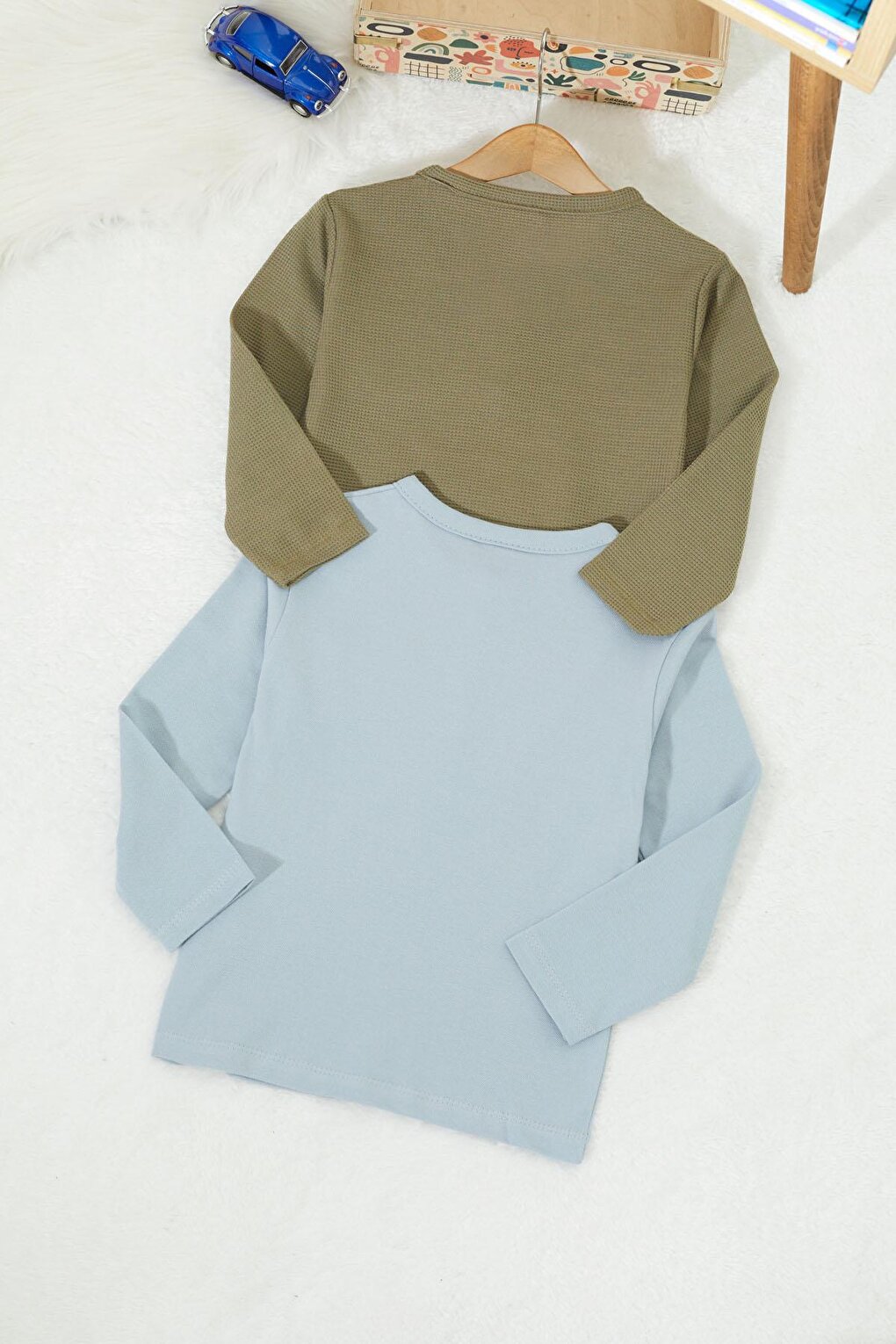 Baby Boy Button Collared Pocket 2-Piece Sweatshirt Khaki-Light Blue 17331