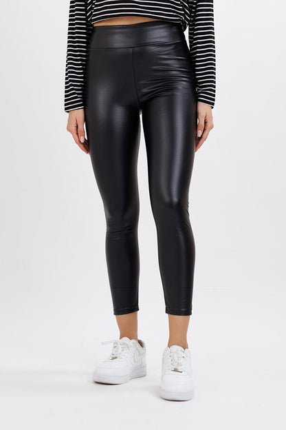 Women's Black Shiny Leather Leggings with Fur Inside