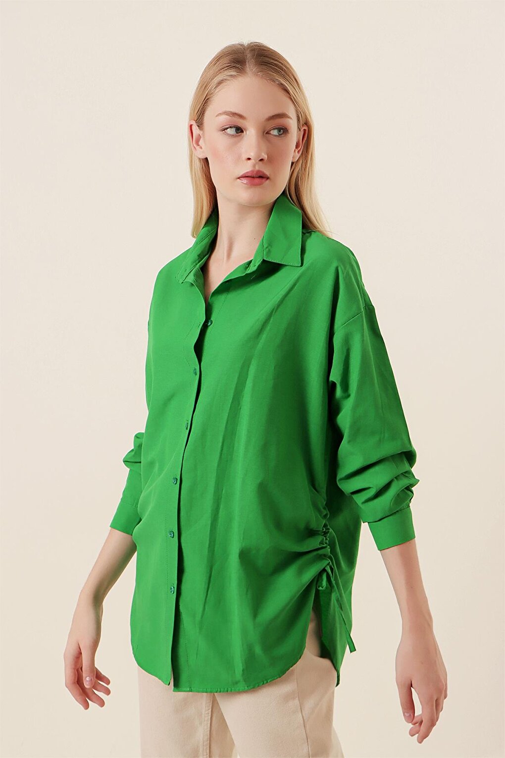 20132 Drawstring Oversize Shirt - Green