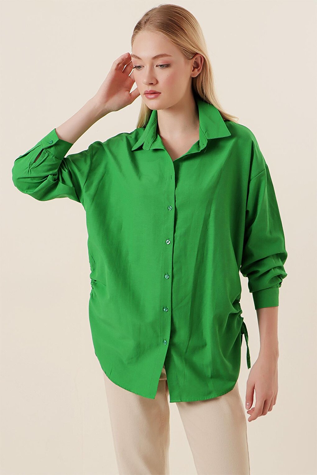 20132 Drawstring Oversize Shirt - Green