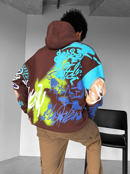 Oversize Graffiti Hooded Sweatshirt Brown