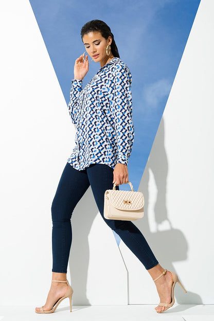 Geometric Blue Pattern Viscose Shirt