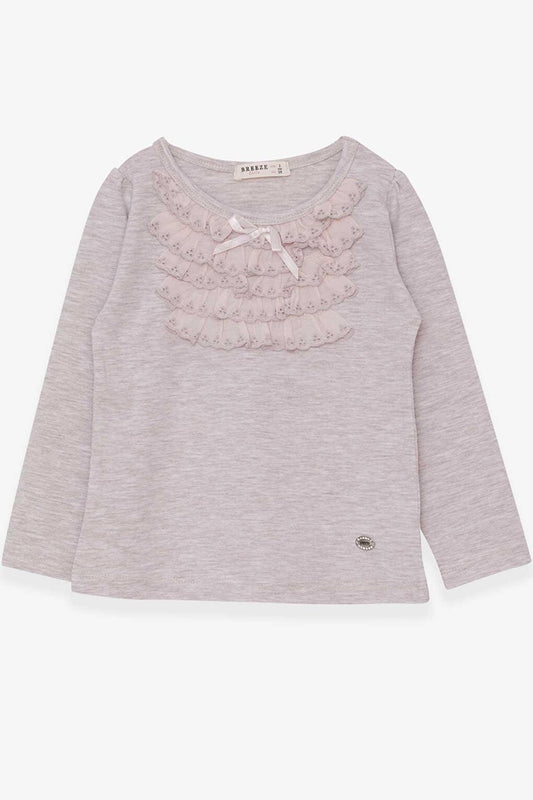 Girl's Long Sleeve T-Shirt with Laced Bow and Beige Melange (3-8 Years)