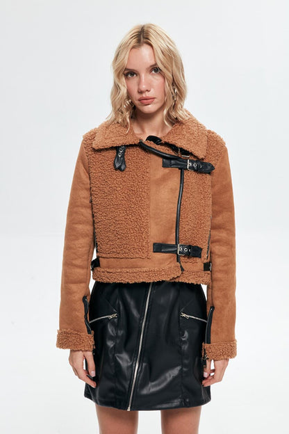 Plush Detailed Suede Jacket Brown