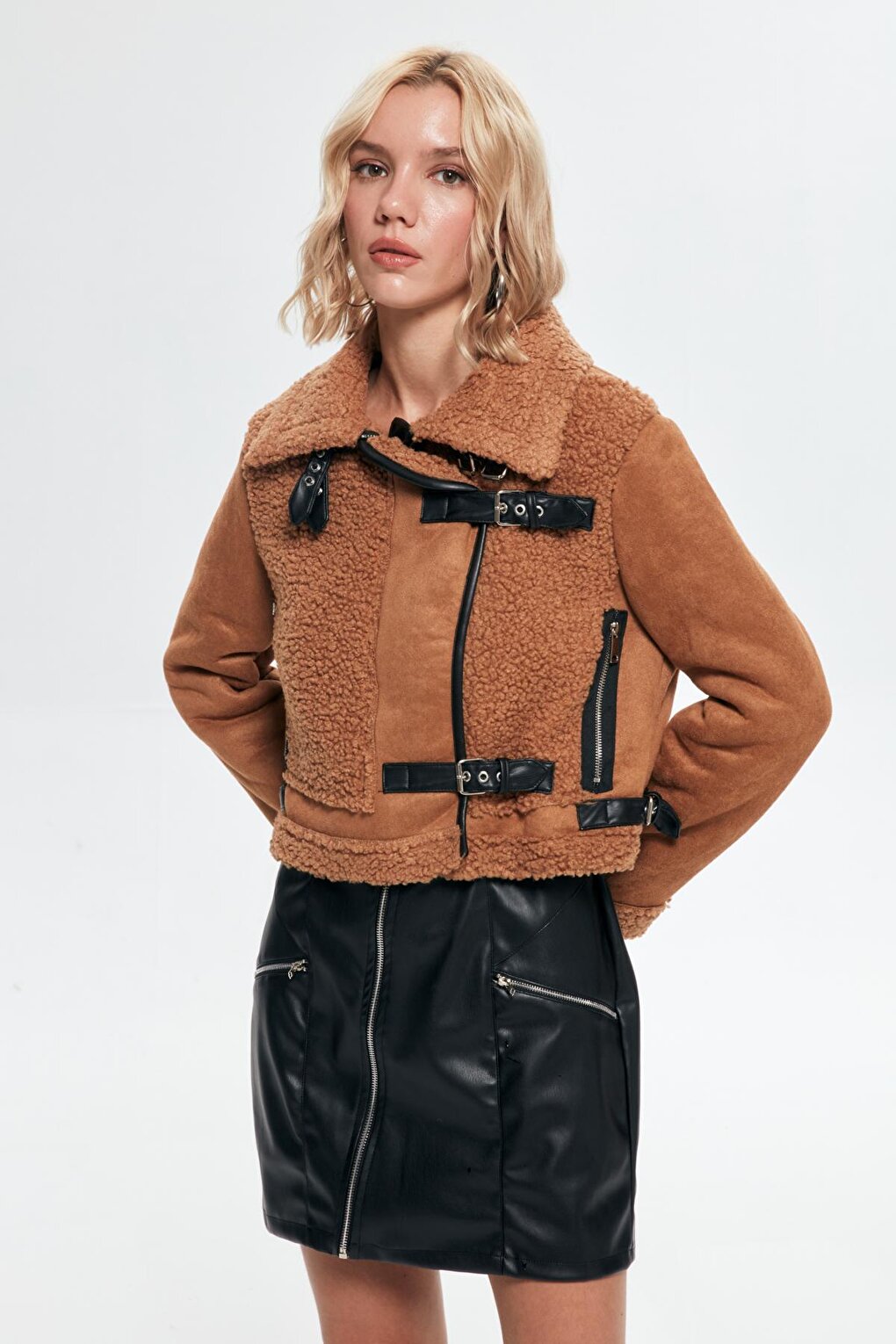 Plush Detailed Suede Jacket Brown