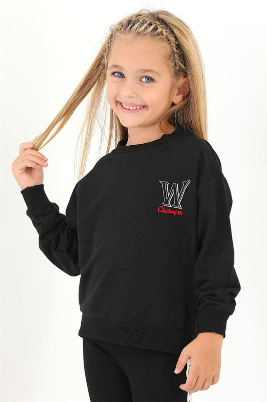 Girl's Black Color W Embroidered Sweatshirt