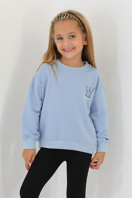 Girl's Blue Color W Embroidered Sweatshirt