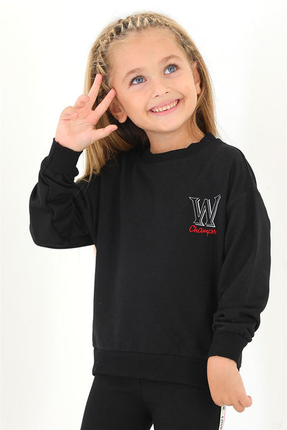 Girl's Black Color W Embroidered Sweatshirt