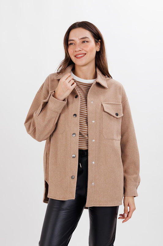 Women's Camel Stitched Shirt Collar Oversize Snap Closure Shirt Jacket