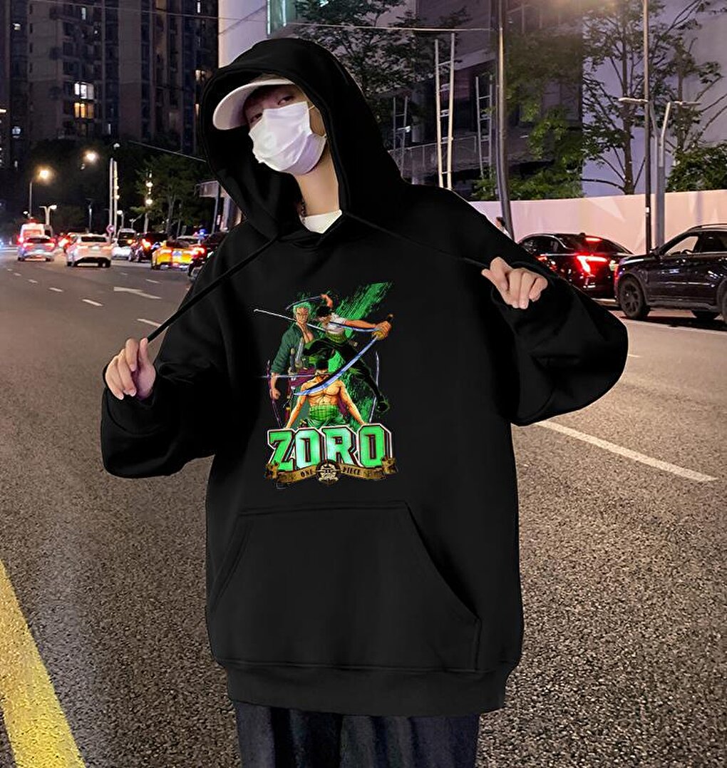 One Piece Zoro Printed Black Unisex Oversize Hooded Sweatshirt