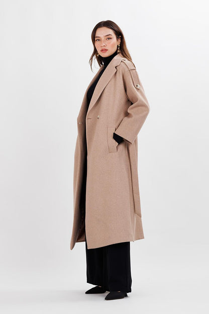 Women's Camel Herringbone Belted Lined Long Waist Coat