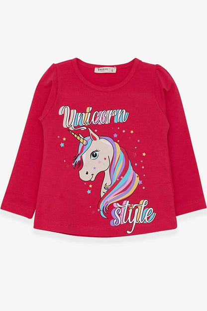 Girl's Long Sleeve T-Shirt Unicorn Fuchsia (Age 2-5)