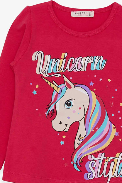 Girl's Long Sleeve T-Shirt Unicorn Fuchsia (Age 2-5)