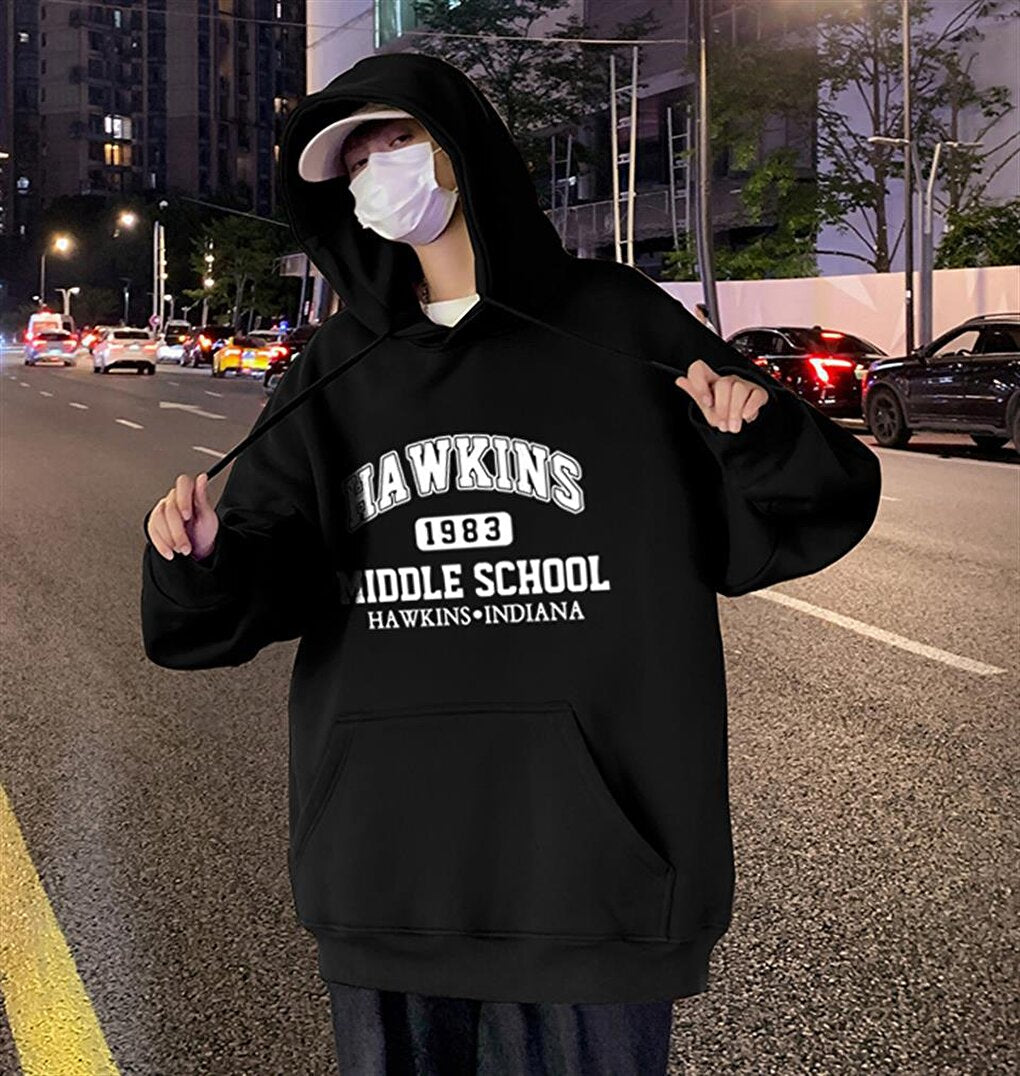 Hawkins Printed Black Unisex Oversize Hooded Sweatshirt