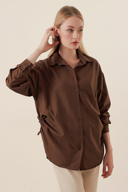 20132 Drawstring Oversize Shirt - Brown