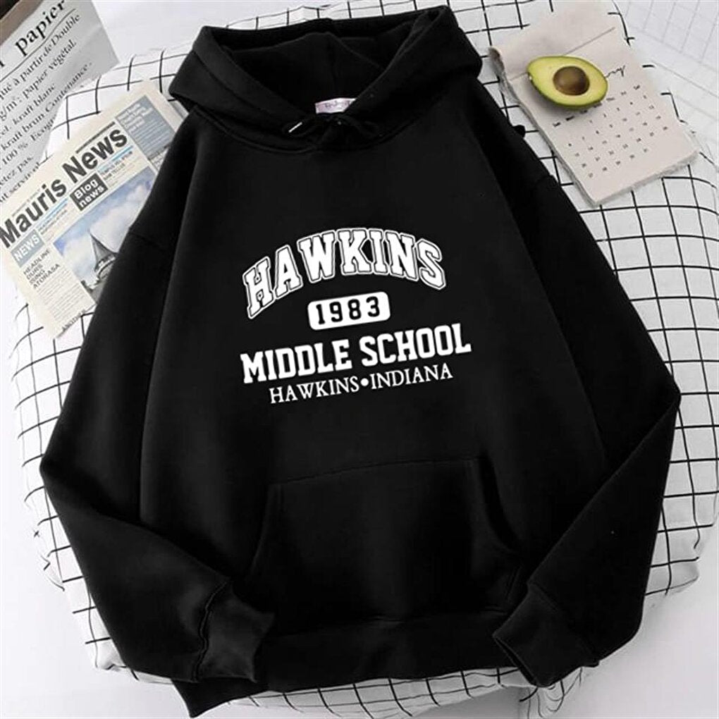 Hawkins Printed Black Unisex Oversize Hooded Sweatshirt