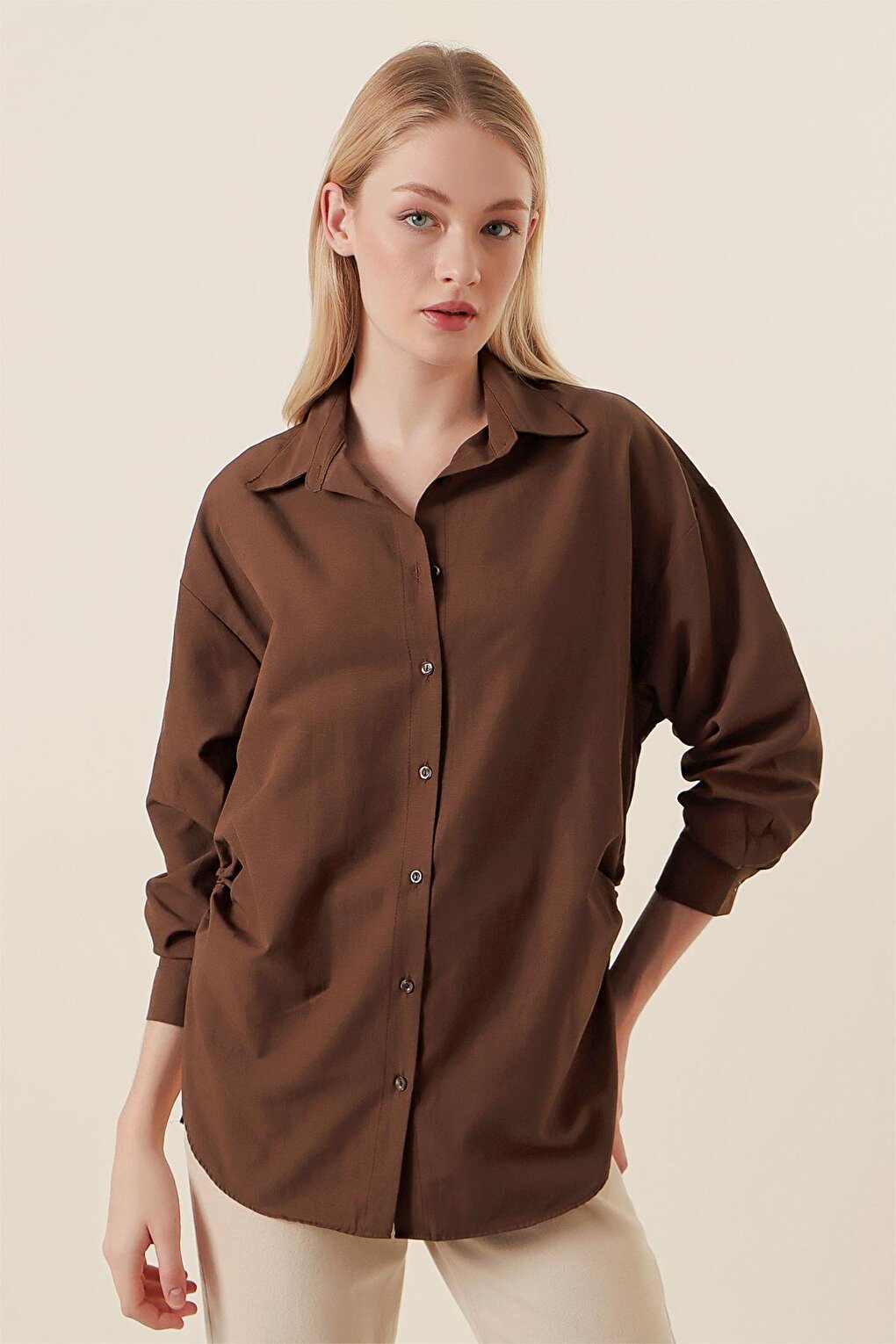 20132 Drawstring Oversize Shirt - Brown