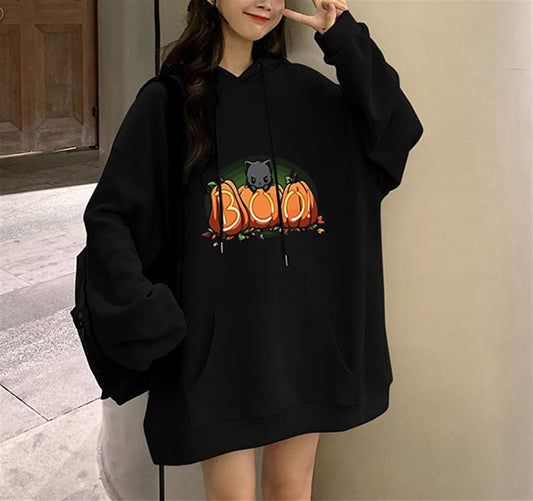 Halloween Boo Cat Printed Black Unisex Oversize Hooded Sweatshirt