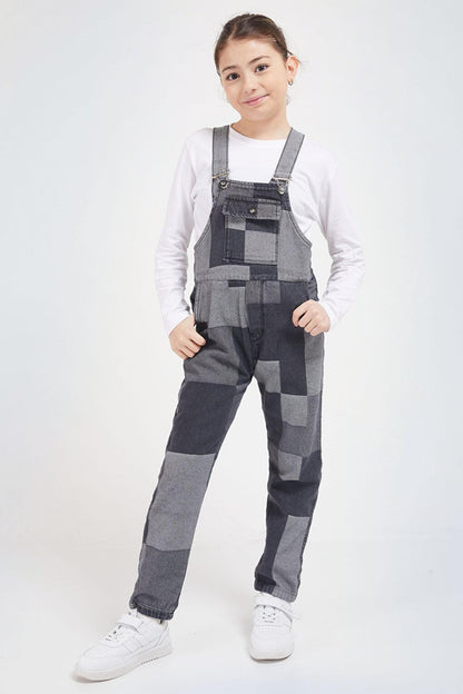 Gray Square Patterned Girl's Jean Salopet Jumpsuit 17611