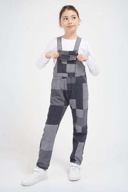 Gray Square Patterned Girl's Jean Salopet Jumpsuit 17611