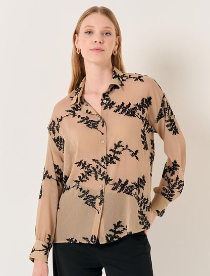 Camel Hair Long Sleeve Embroidery Patterned Chiffon Shirt