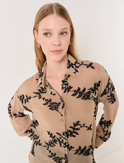 Camel Hair Long Sleeve Embroidery Patterned Chiffon Shirt