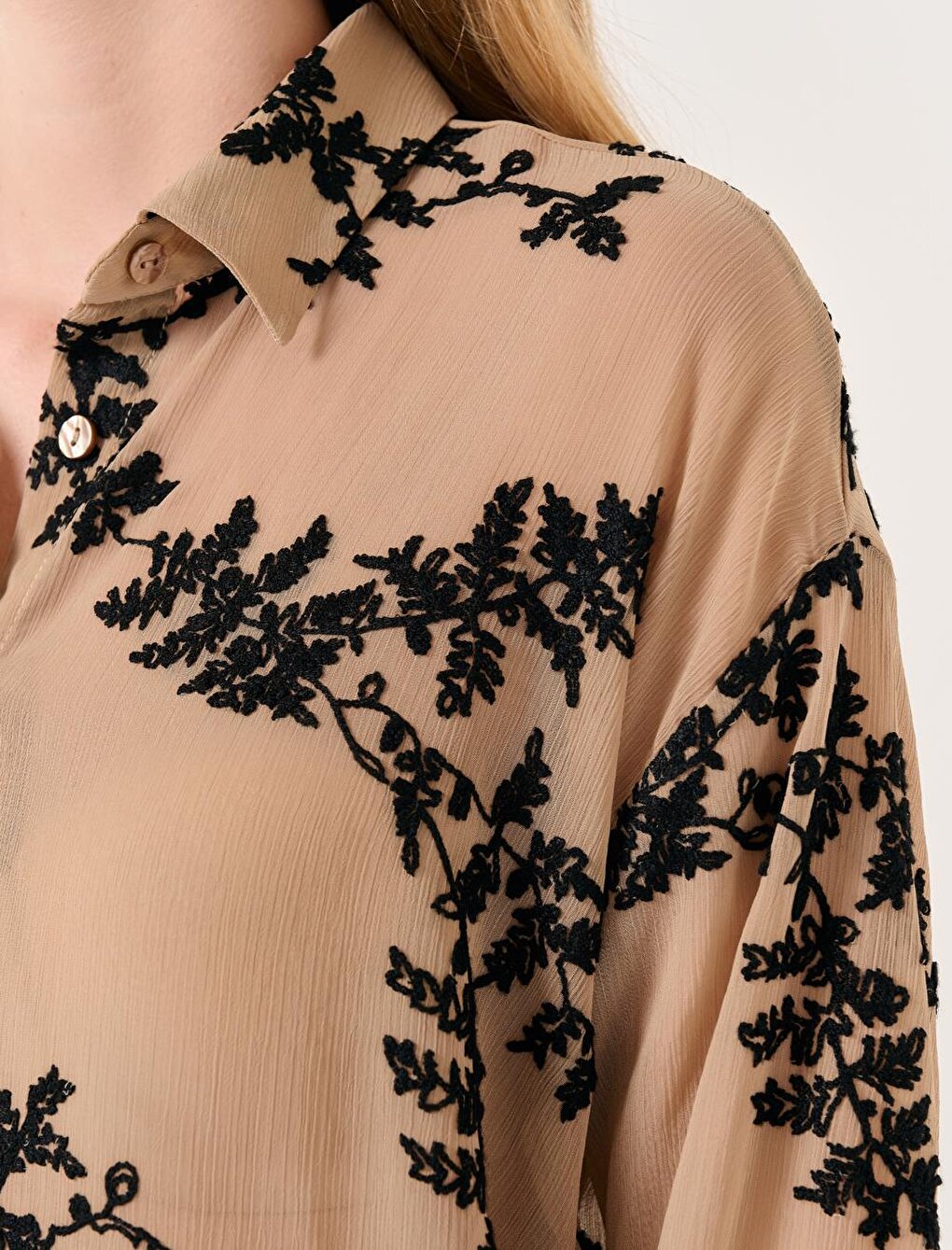 Camel Hair Long Sleeve Embroidery Patterned Chiffon Shirt