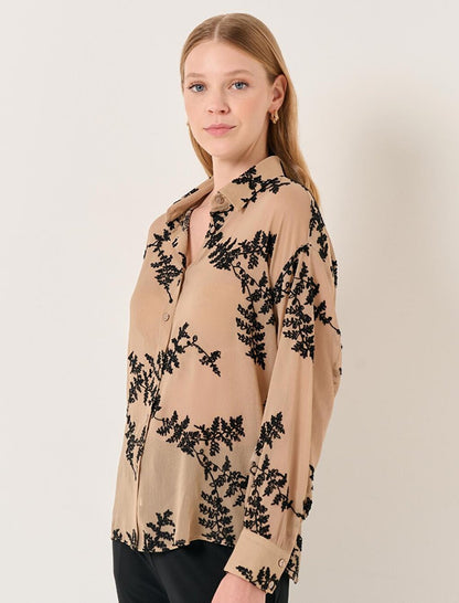 Camel Hair Long Sleeve Embroidery Patterned Chiffon Shirt