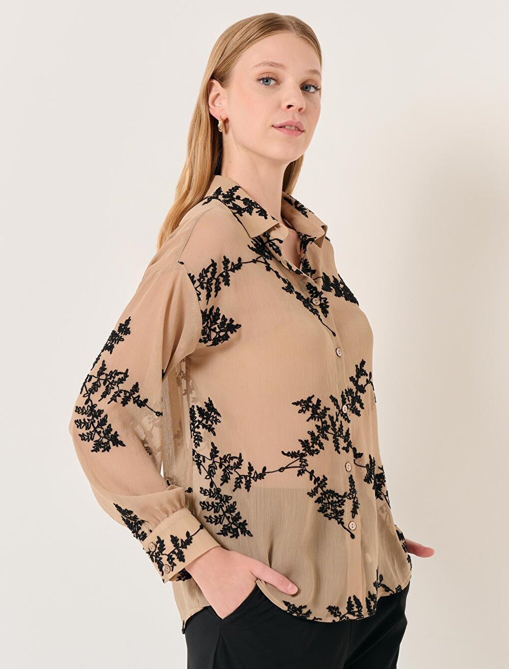 Camel Hair Long Sleeve Embroidery Patterned Chiffon Shirt