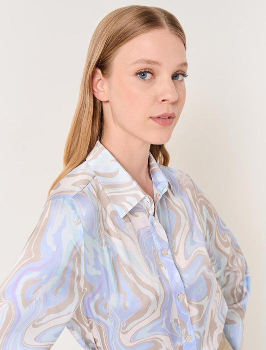 Mixed Loose Cut Abstract Patterned Satin Shirt