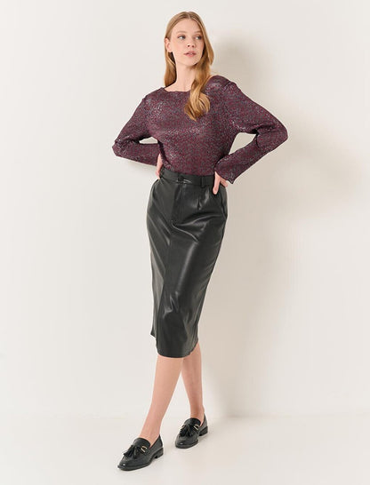 Black Straight Cut Leather Skirt with Waist Pocket