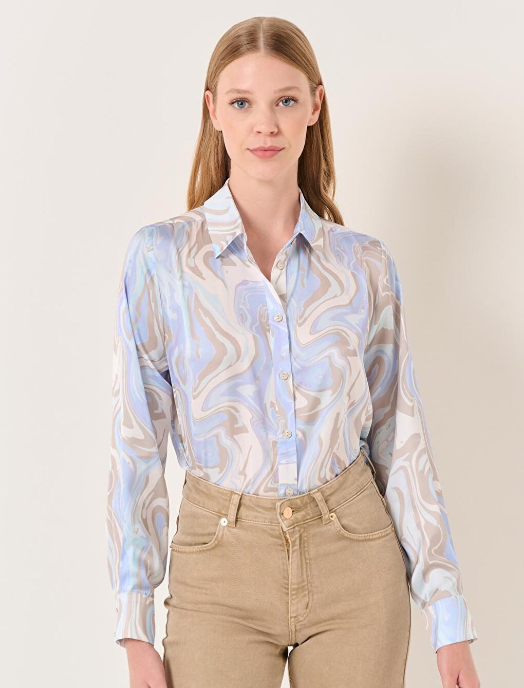 Mixed Loose Cut Abstract Patterned Satin Shirt