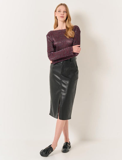 Black Straight Cut Leather Skirt with Waist Pocket