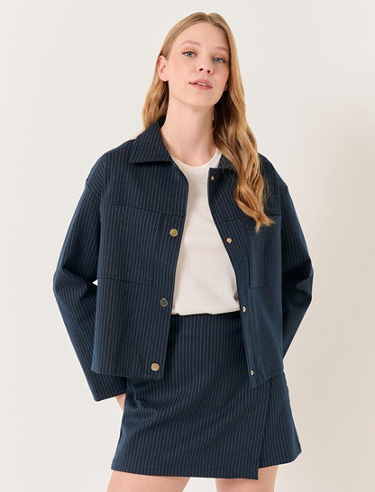 Navy Blue Long Sleeve Stripe Patterned Short Jacket