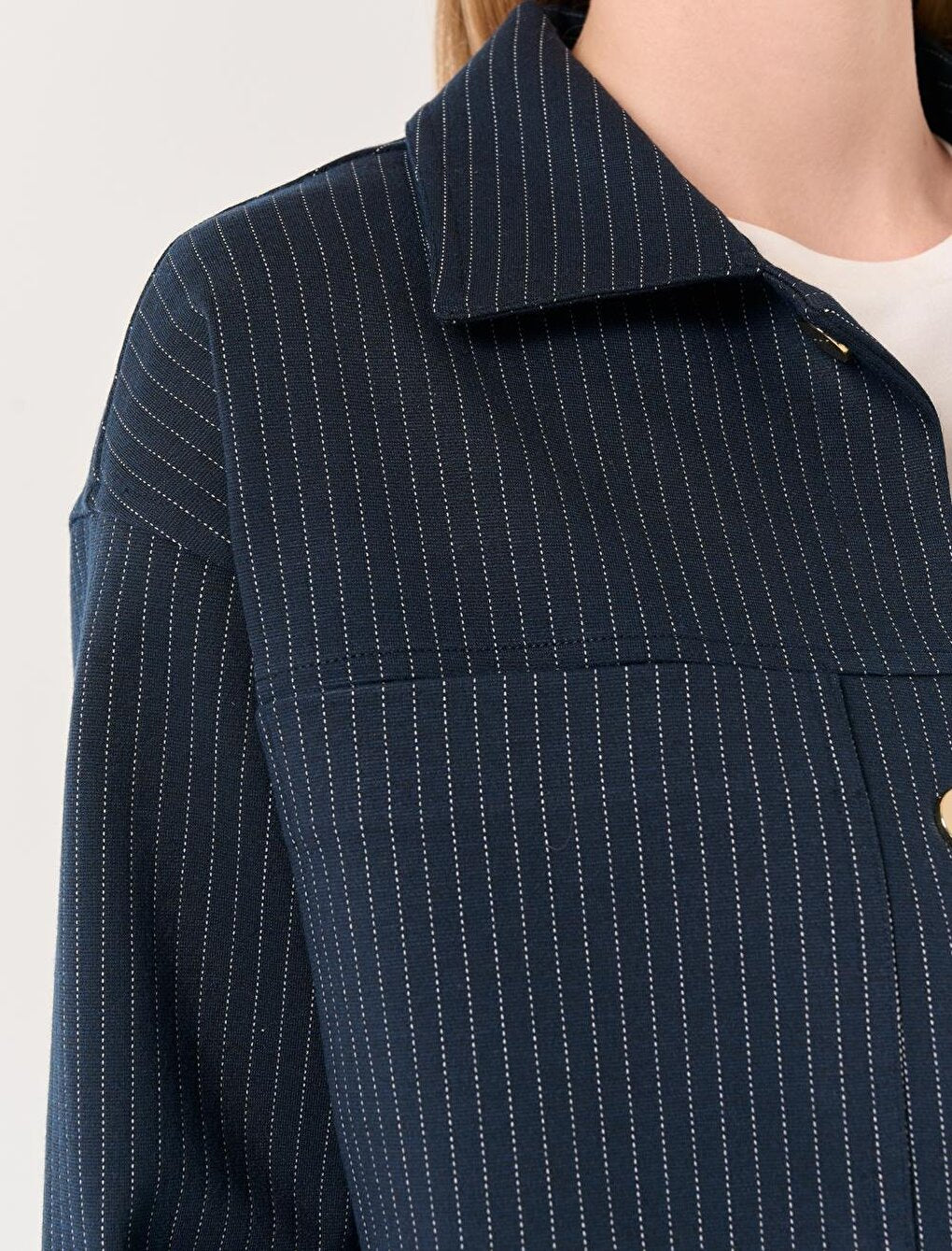 Navy Blue Long Sleeve Stripe Patterned Short Jacket