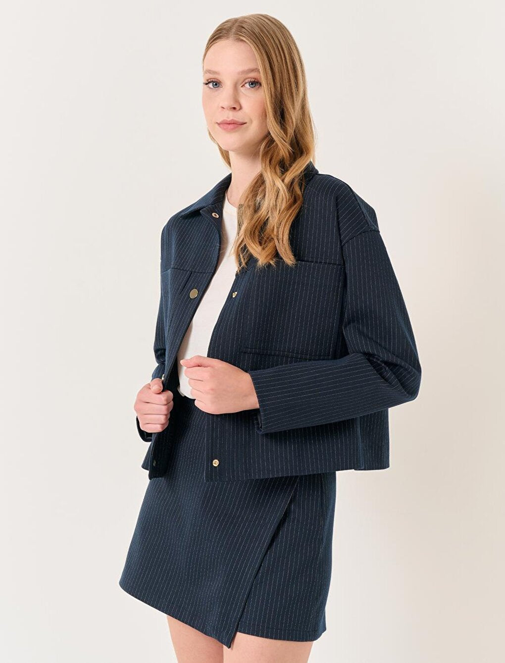 Navy Blue Long Sleeve Stripe Patterned Short Jacket