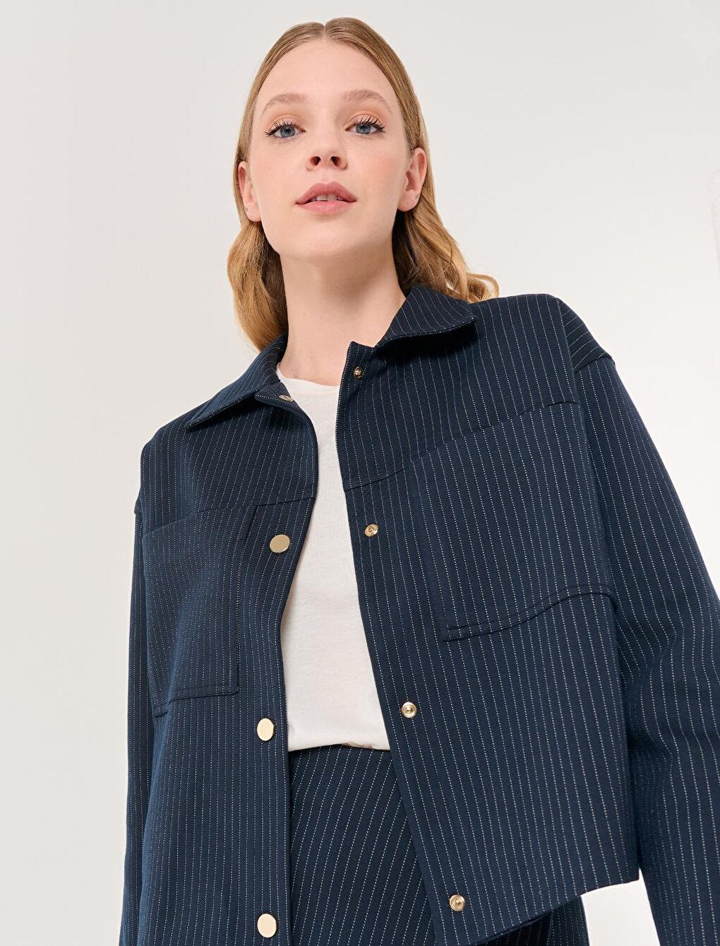 Navy Blue Long Sleeve Stripe Patterned Short Jacket