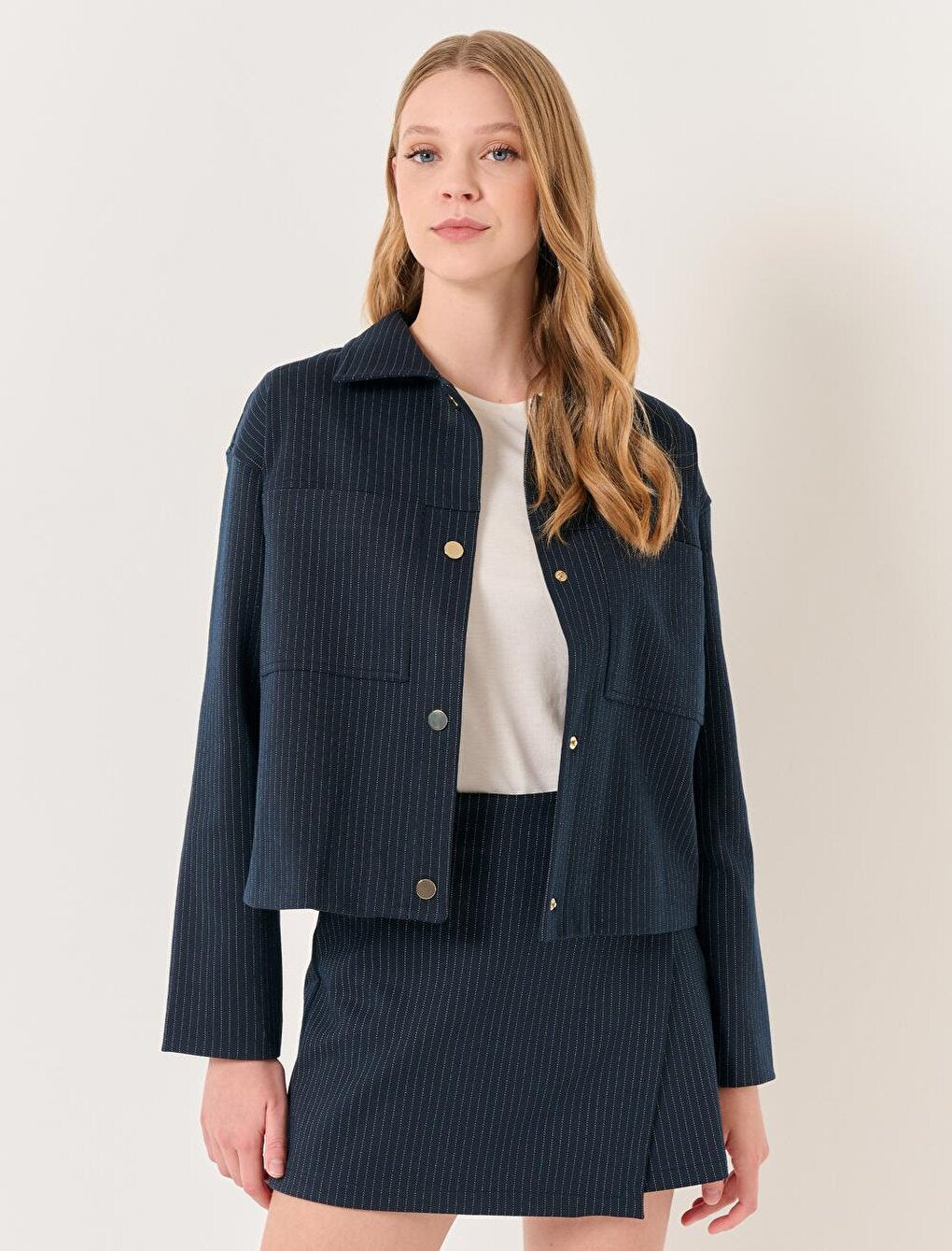 Navy Blue Long Sleeve Stripe Patterned Short Jacket