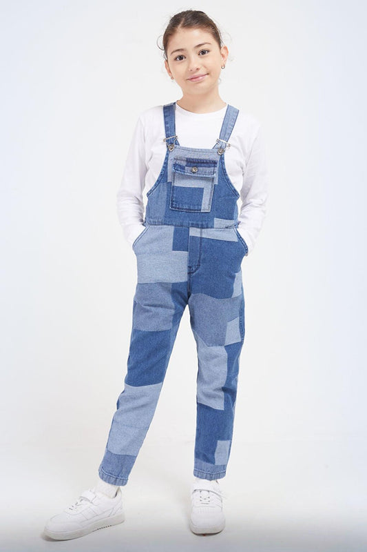 Blue Square Patterned Girl's Jean Salopet Jumpsuit 17612