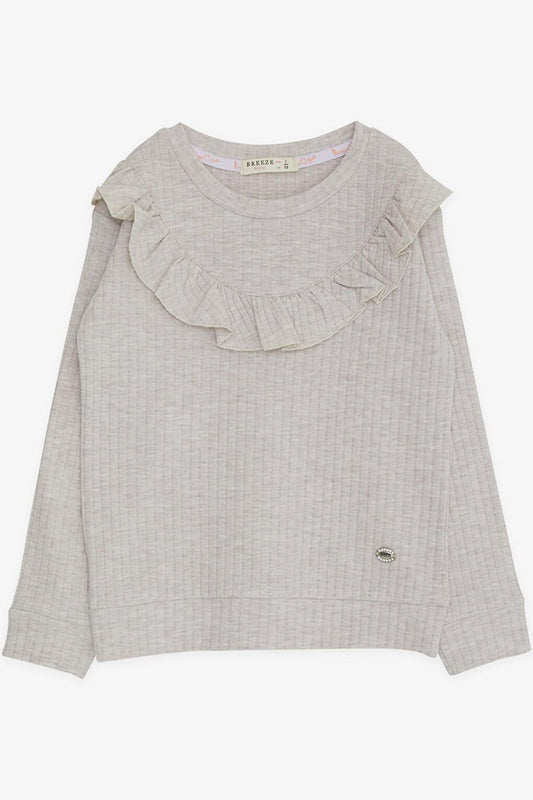 Girl's Long Sleeve Blouse with Ruffle Collar Beige Melange (Age 3-4)