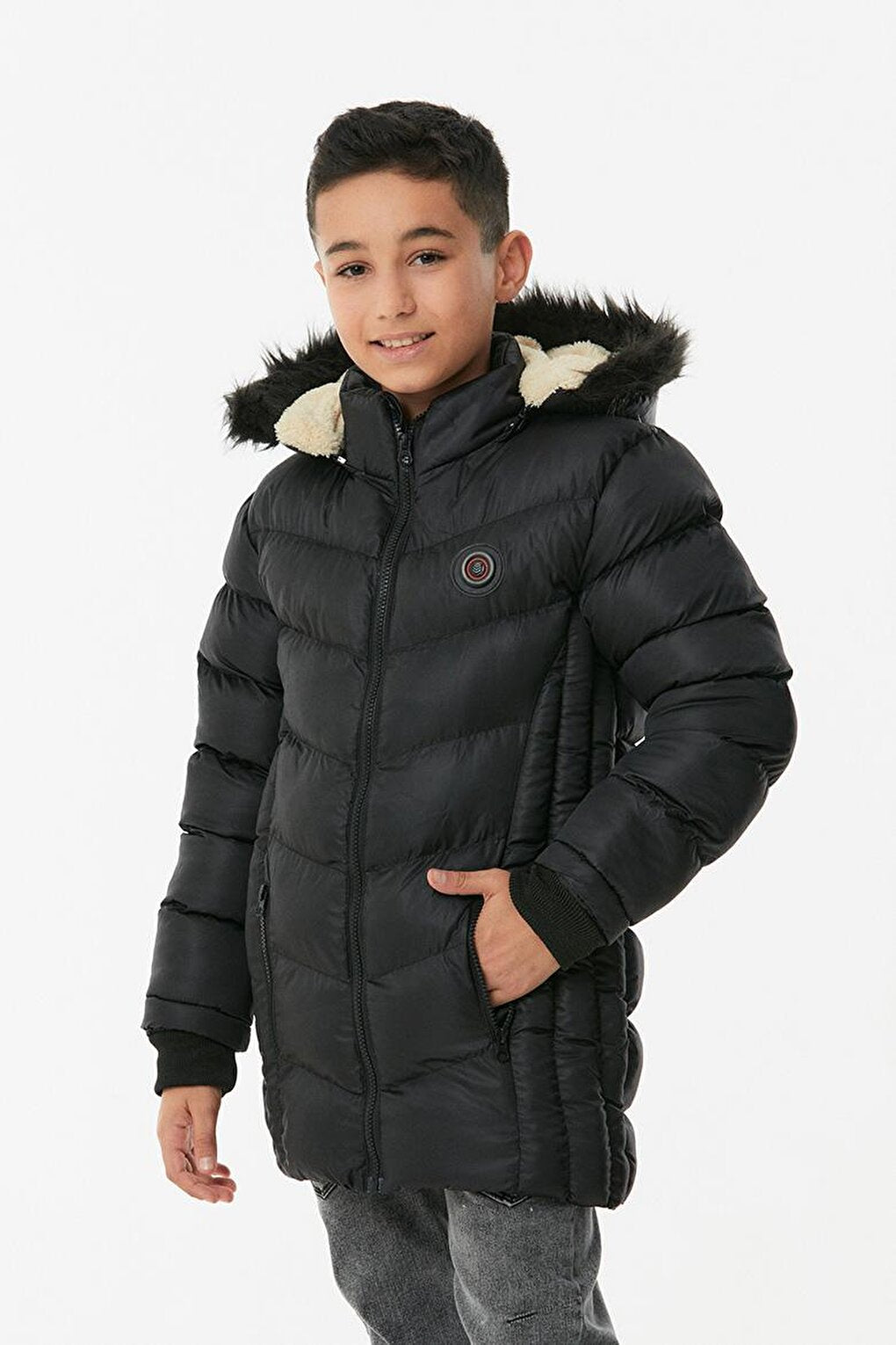 Boy's Puffer Coat with Fur Hood