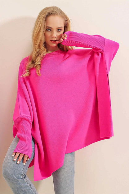 Fuchsia High Collar Slit Oversize Poncho