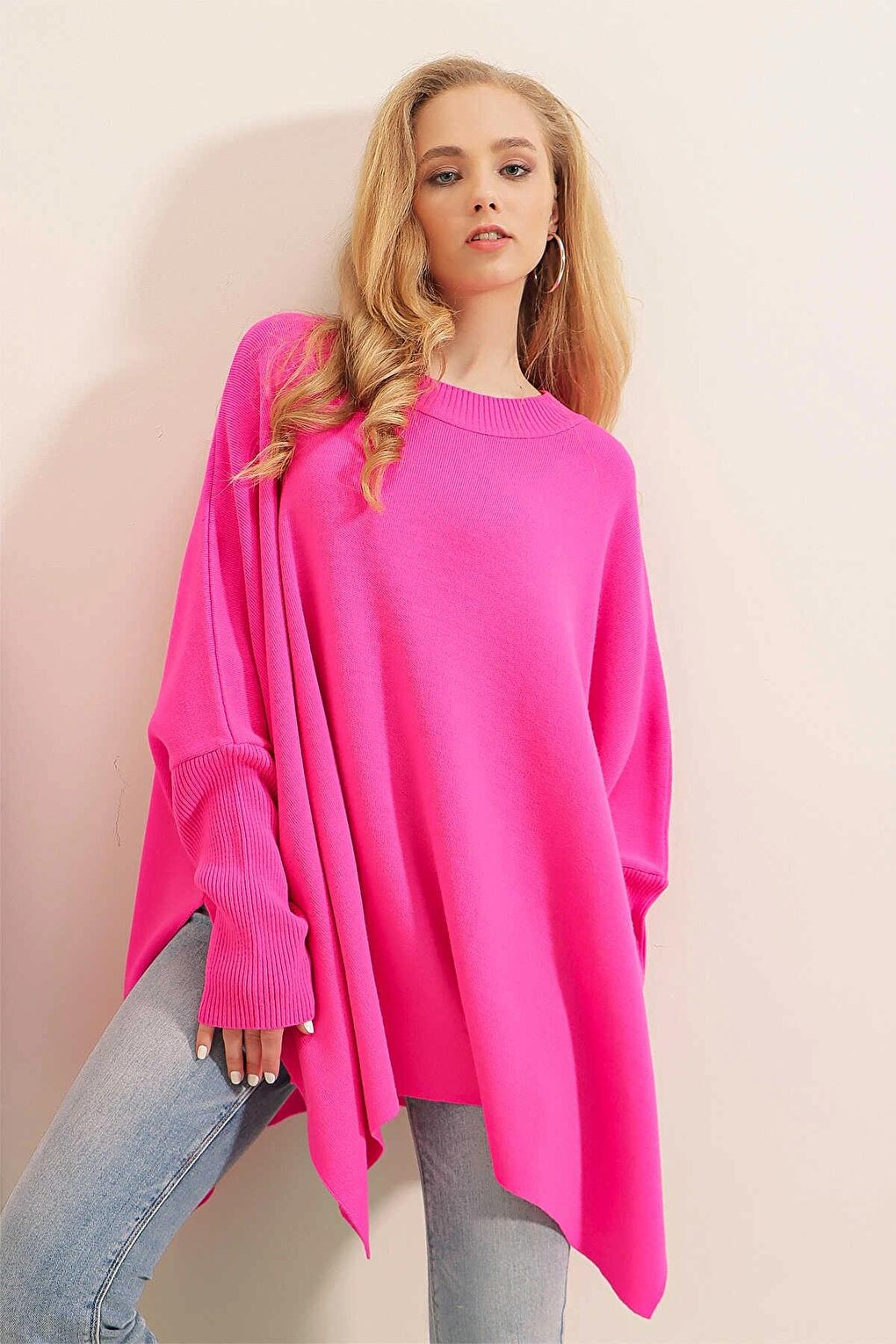 Fuchsia High Collar Slit Oversize Poncho